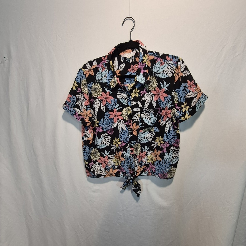 Pink Rose Vintage XL Top With Tie Tropical Aloha Style Resort‎ Wear Retro Boho